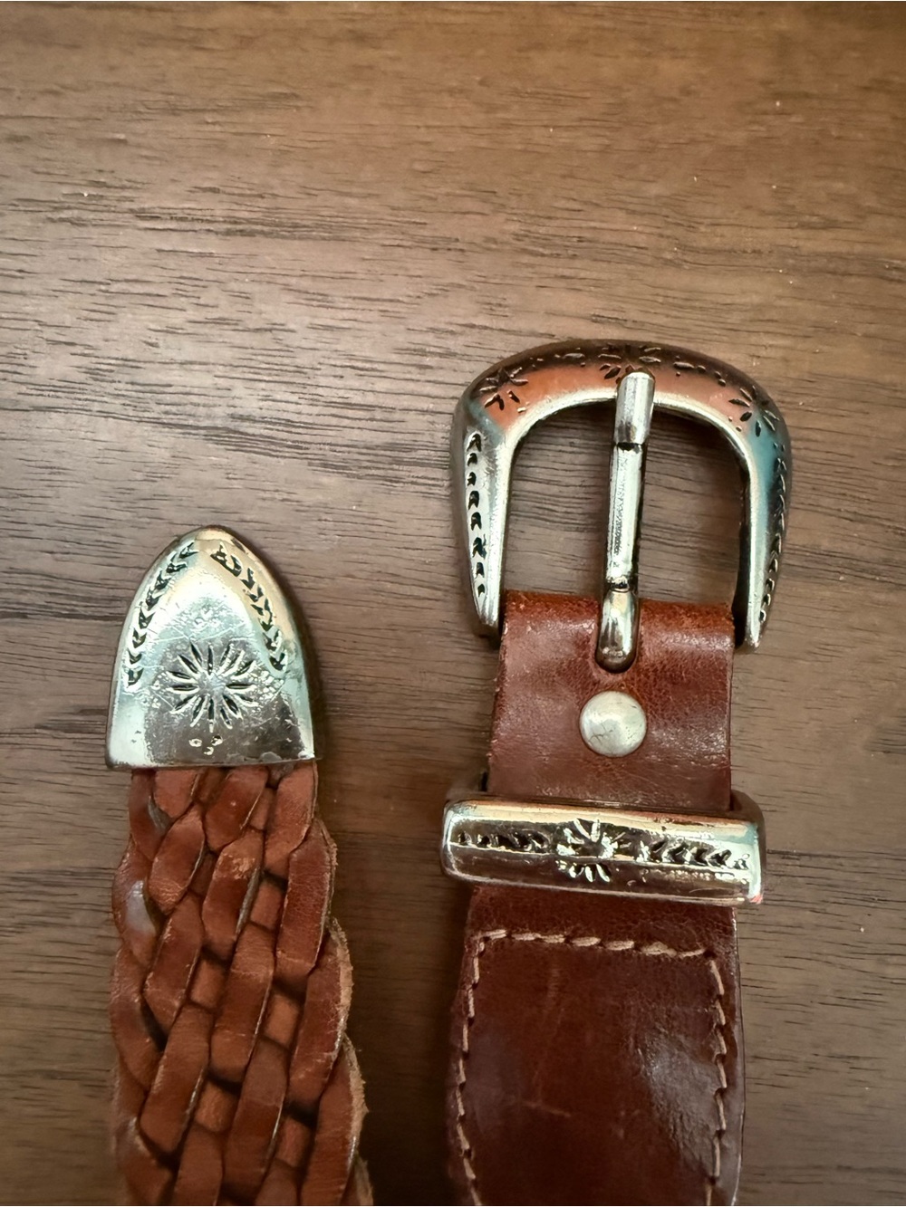 Women’s Vintage Brown Braided Leather Belt with Decorative Silver Buckle